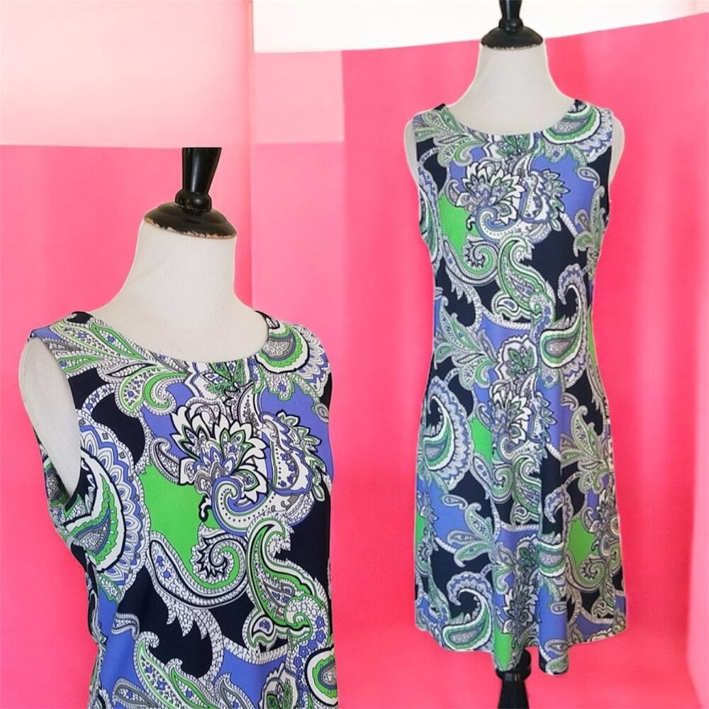 Judy‎ Connally Sleeveless Shift Dress Blue Paisley Print Sz Womens Small Beachy